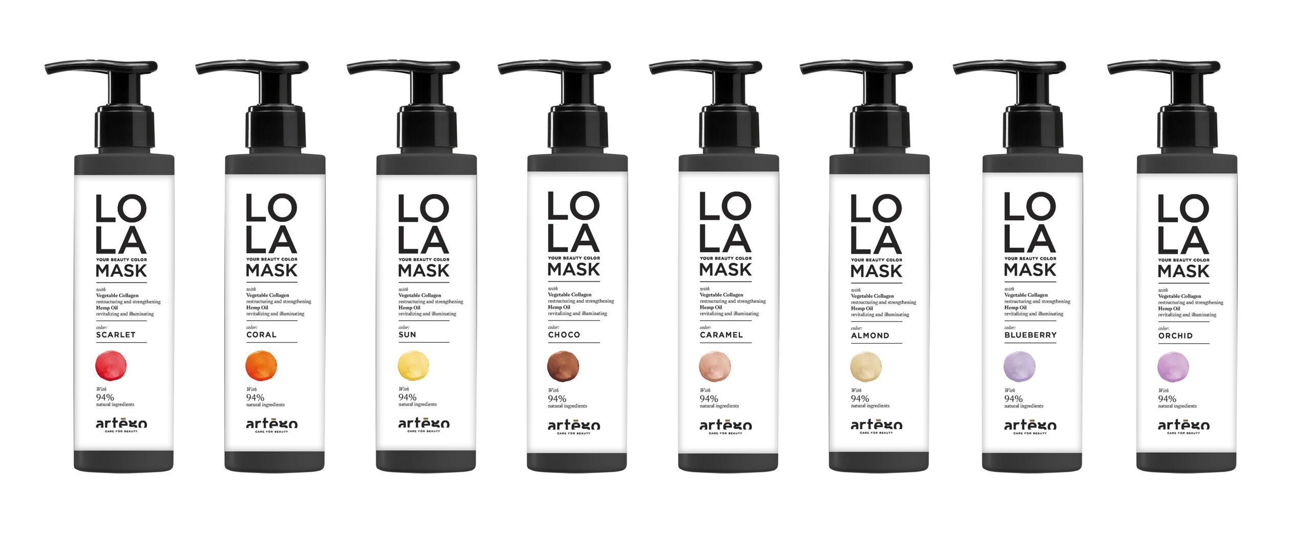 LOLA Mask Color bottle varieties in a row