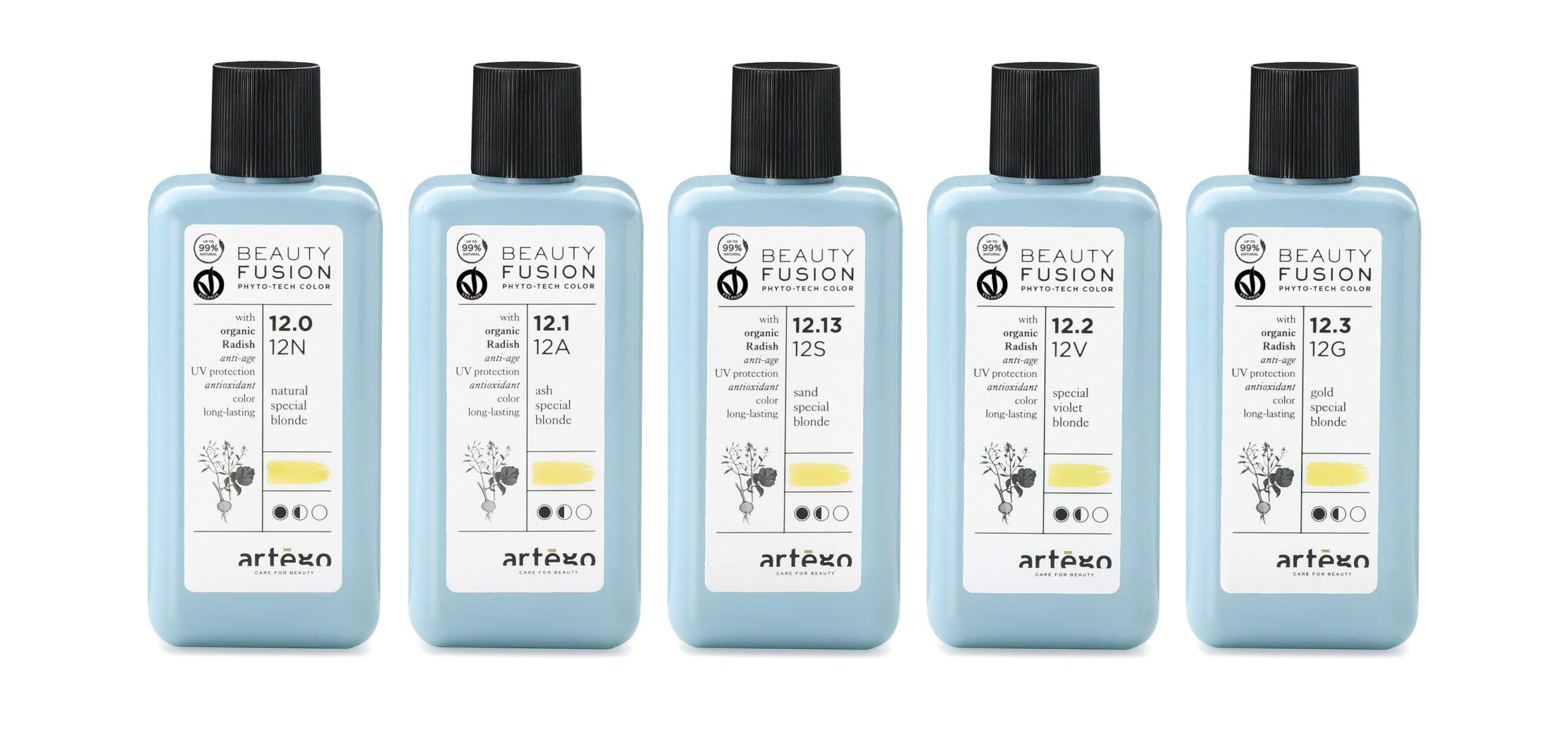 Artego Beauty Fusion Phyto-Tech Color Blonde bottles lined up in a row