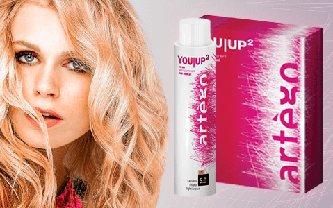 Artego You|Up 2 product with box next to a model with blonde hair.
